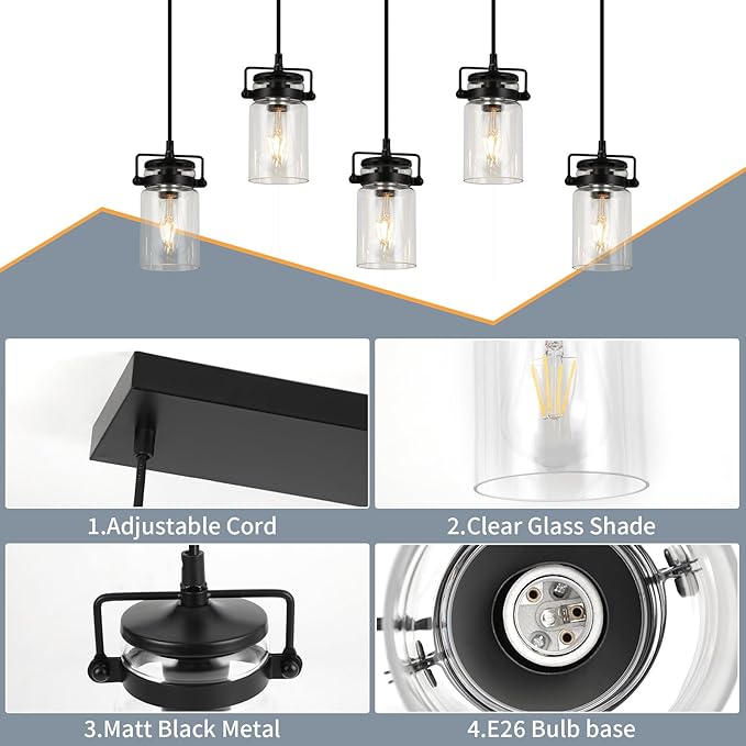 Pendant Lighting for Kitchen Island, Dining Room Light Fixture Black, 5-Light Hanging Linear Chandeliers with Clear Glass Shade Farmhouse Chandeliers for Dining Room(E26 Bulb Base)