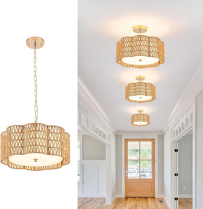 Plum Blossom Ceiling Light & Rattan Chandelier with Fabric Shade(16.5" 4•Light) | √UL-Listed Flush Mount & Fire-Safe PC Panels for Boho Kitchen Islands | Modern Farmhouse Dining Room Lighting