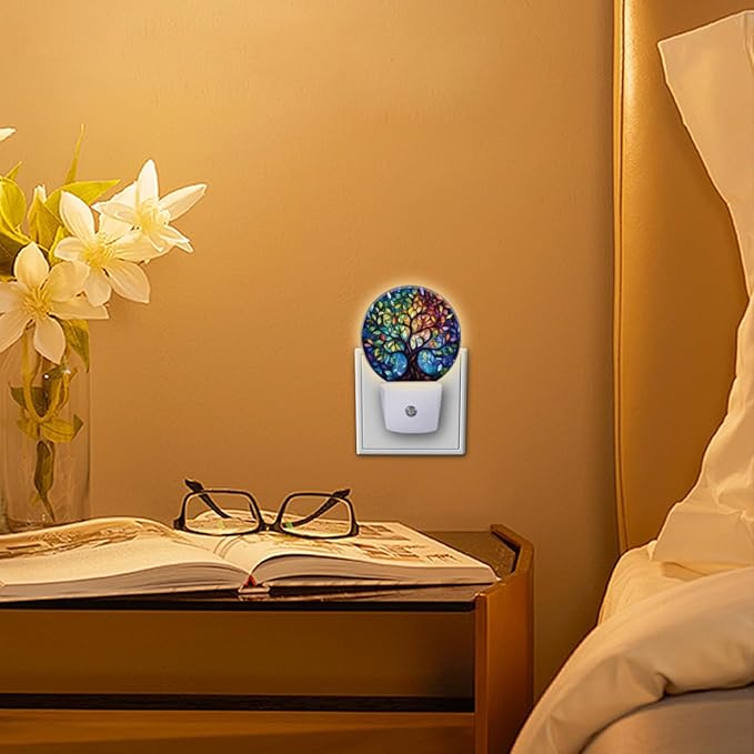 Round LED Night Lights Lamp with Dusk to Dawn Sensor, Circular Stained Glass Design of The Tree of Life Night Light Plug Into Wall for Kids Room, Bedroom, Bathroom, Kitchen, Hallway