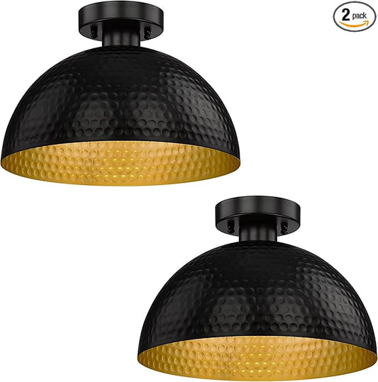 ELYONA 2 Pack Hammered Semi Flush Mount Light Fixture, 12 inch Farmhouse Ceiling Light Fixture with Modern Black and Gold Finish for Bedroom, Bathrooms, Hallway, Kitchen, Porch, Laundry, Foyer