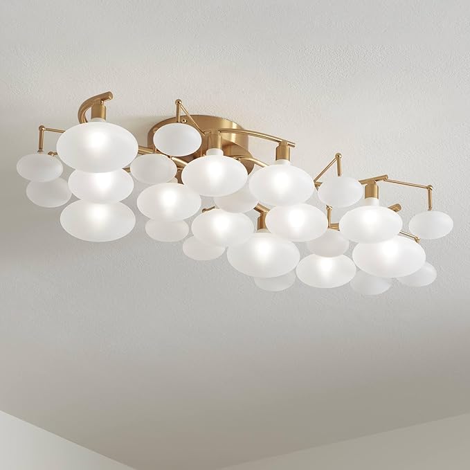 Possini Euro Design Lilypad Modern Ceiling Light Semi Flush-Mount Fixture 30 1/4" Wide Warm Brass Gold Frosted Opal Etched Glass Shade for Bedroom Kitchen Living Room Hallway Bathroom House Home