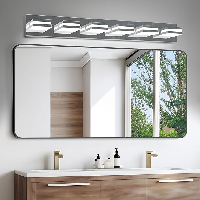 IZORRO LED Modern Bathroom Lights Fixtures(6-Light,Dimmable,360°Rotate),Chrome Acrylic Wall Lighting,Vanity Lights for Bathroom Over Mirror - 6000k 36In （No Assembly Required）