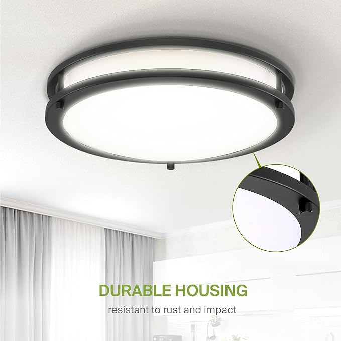 ASD LED 14" Round Flush Mount Lighting, Close to Ceiling Light Fixture | 3CCT, Dimmable, Energy Star, ETL Listed | 21W 1675LM 3000-5000K 120V | Low Profile Double Ring Lamp | Black