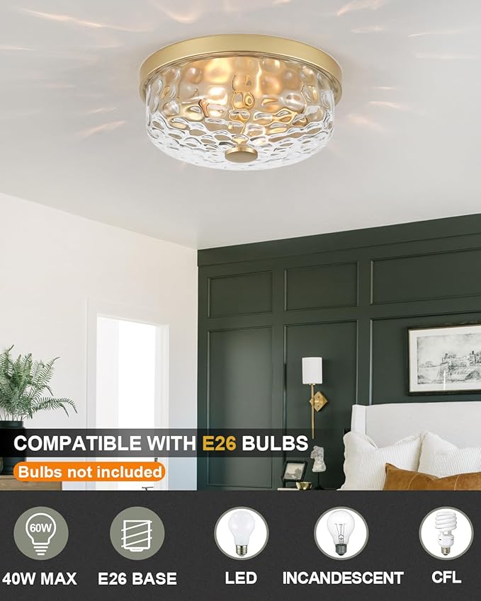 12 Inch Farmhouse Flush Mount Ceiling Light, 2 Light Industrial Close to Ceiling Light, Industrial Ceiling Lighting Fixture for Kitchen Hallway Bedroom Living Room (12.2 Inch Gold)