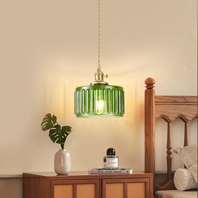 Plug in Pendant Light, Hanging Lights with Plug in Cord, Hanging Light Fixture with Clear Glass, E26 Pendant Lighting for Kitchen Island, Bedroom, Dining Room, Living Room-Green