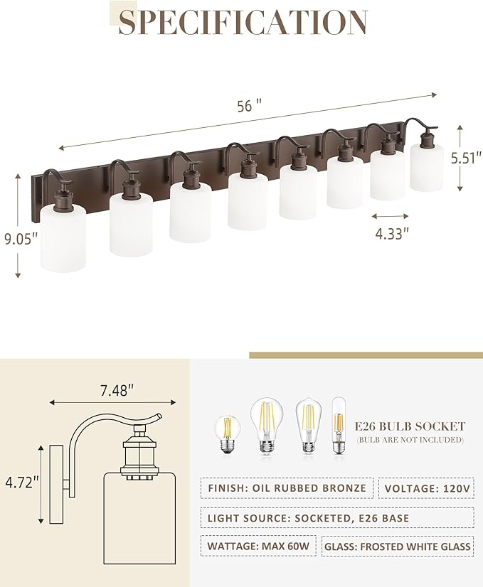 8-Light Wall-Mounted Vanity Fixture, Frosted Glass Over Mirror Lighting, Oil Rubbed Bronze Finish,VL01ORBW-8