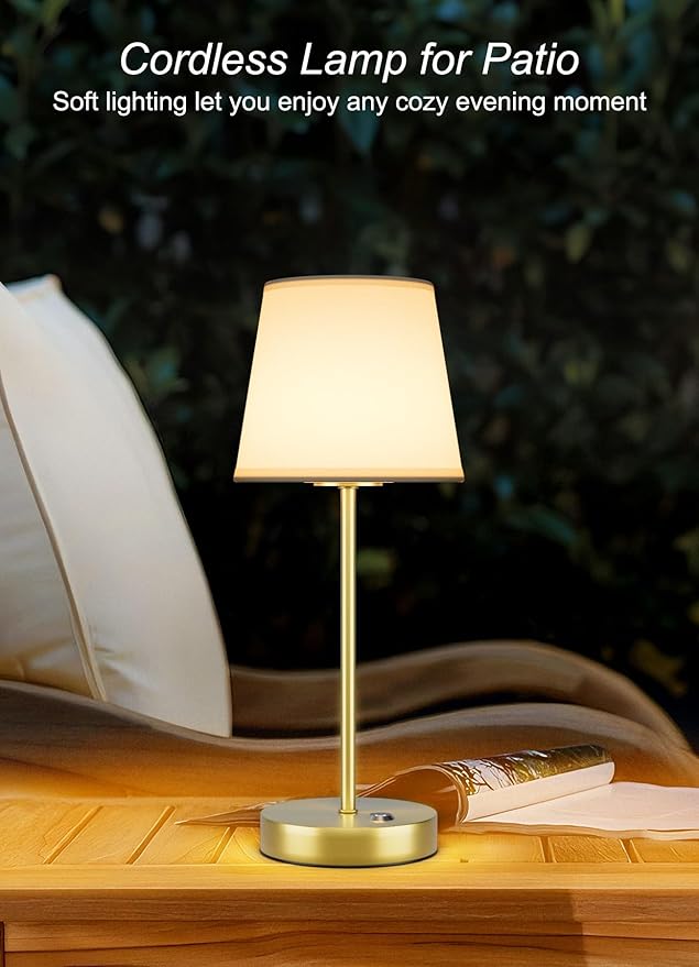 2 Pack Cordless LED Table Lamps, Battery Operated Fabric Shade Desk Lamp, 3 Color Stepless Dimmable Rechargeable Lamp for Dinner/Restaurant/Bedroom/Bars/Camping(Gold)