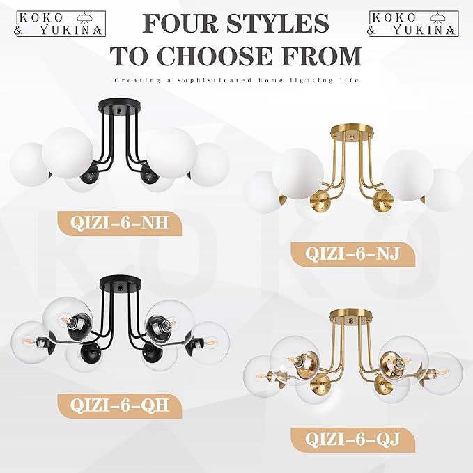 KoKo&Yukina 6-Light Modern Semi Flush Mount Ceiling Light Fixture Mid Century Ceiling Light Globe Ceiling Light with Clear Glass Shade Matte Black Finish for Bedroom Hallway Dining Room Living Room