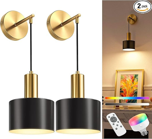 NIORSUN Battery Operated Wall Sconce Set of 2, Gold & Black Wireless Rechargeable Wall Lights with 5200mAh Dimmable Detachable Bulbs and Remote, 9 Colors Sconces Wall Decor for Bedroom Living Room