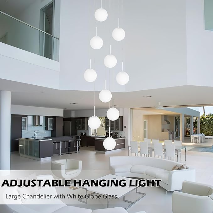 KoKo&Yukina Globe Pendant Light Adjustable Hanging Light Staircase Chandelier Milk Glass Pendant Lights with Milky White Glass Shade Globe Lights for Staircase