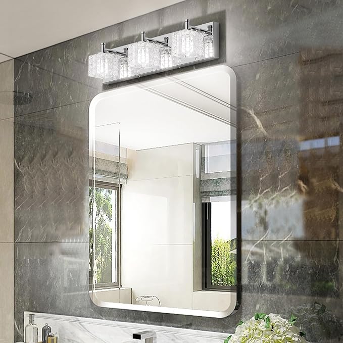 Ralbay 3 Lights Crystal Bathroom Vanity Light Modern LED Chrome Vanity Light Fixtures for Bathroom Over Mirror