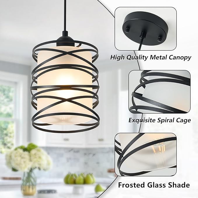 Frosted Glass Pendant Light Fixtures 6.3Inch Spiral Metal Cage Mini Pendant Lighting Handblown Island Hanging Light Adjustable Cord Ceiling Lamp for Kitchen Dining Room Foyer Hallway, E26