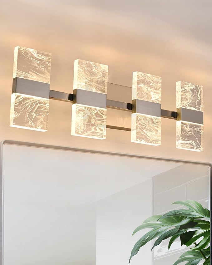 WINSEHN Brushed Nickel LED 3000K Bathroom Light Fixture, Modern 4-Lights Vanity Lighting with Smoke Acrylic Shades, Wall Lamp Over Mirror for Kitchen Bedroom (Integrated Led Chips Included)