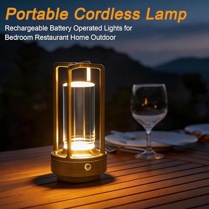 Rechargeable Table Lamp Cordless, 3 Color | Crystal | Stepless Dimming, for Bedroom, Cafe, Camping, Bar, Dining Table, Restaurant, Gold