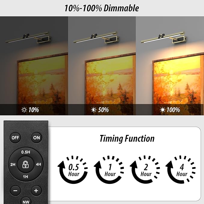Brass Picture Light for Wall - 21inch Dimmable & Rechargeable Art Light with Single Swing Arm, 25H Light Time, Angle Adjustable, 3 Color Temperatures Timer - Perfect for Paintings and Home Decor