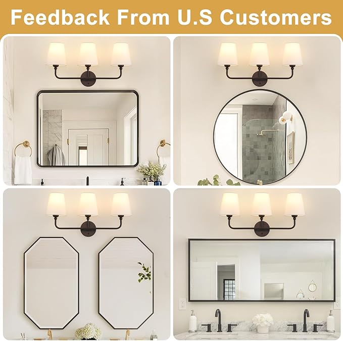 Bathroom Light Fixtures, 3-Light Oil Rubbed Bronze Vanity Lights, 24.5" Bathroom Lighting Fixtures Over Mirror with White Fabric Shade, Modern Wall Sconces for Bedroom Living Room Hallway