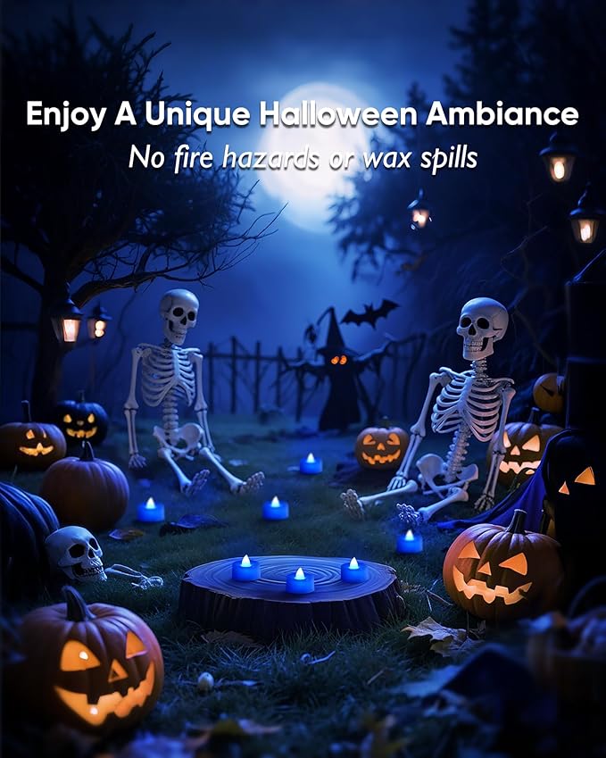 Amagic 30 Pcs Blue Flickering Flameless Tea Lights Battery Operated, 200+ Hours Long Lasting Colored Candles for Wedding, Table Centerpiece, Home Decor, Gift, Party, Halloween, Christmas, Proposal