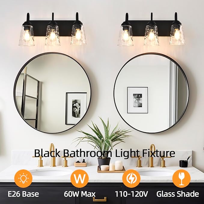 3-Light Bathroom Light Fixtures, Coastal Vanity Lights with Crystal Glass Shade, Black Bathroom Wall Lamp for Mirror Kitchen Hallway Bedroom