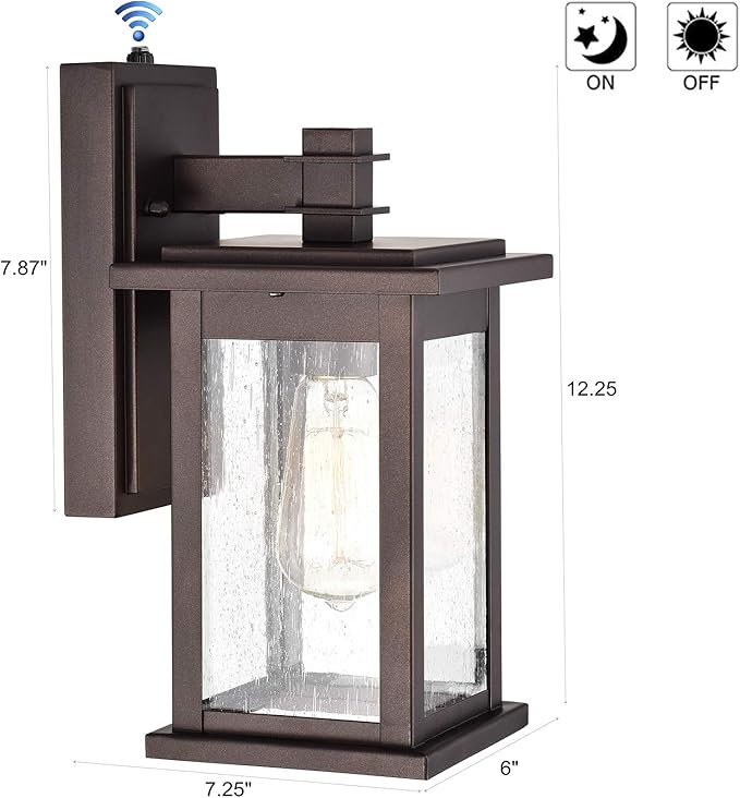 MICSIU 12.25" Dusk to Dawn Outdoor Wall Light, 100W Max Anti-Rust Bronze Exterior Sconce, Seedy Glass 12-Inch Vintage Farm Look Porch Light for Front Door, Garage, Patio