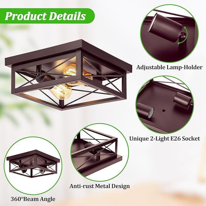 Brown Hallway Light Fixtures Ceiling, 2-Light Farmhouse Industrial Flush Mount Ceiling Lights, 2-Pack Modern Metal Kitchen Light Fixtures, Close to Ceiling Lights for Bedroom Living Room Entryway