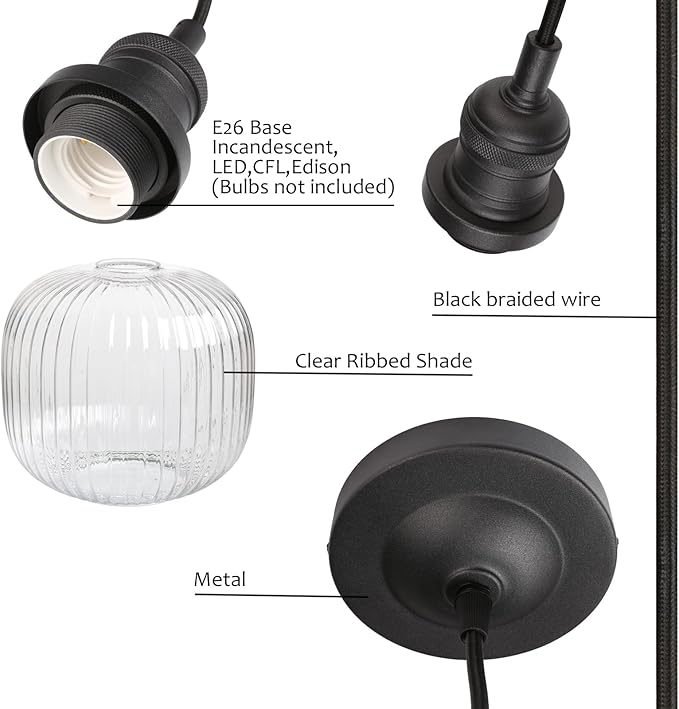 Pathson Modern Pendant Light Fixture Striped Globe Glass, Adjustable Textile Cord Hanging Lighting, Hardwired Pendant Lamp Decor for Dining Room Hotels Living Room Bedroom Kitchen