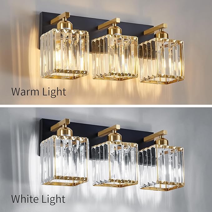 Modern Crystal Bathroom Lights Fixtures Black Gold 3-Lights Bathroom Vanity Lights Over Mirror Brass Vanity Lighting Fixtures Crystal Wall Lighting with Polished Gold Finish