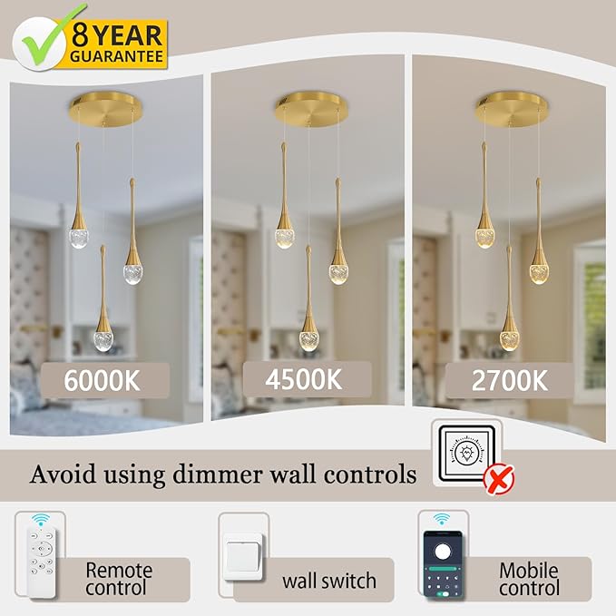 ykolupty 3-Light Gold Chandelier with Dimmable Ceiling Light Crystal Pendant Light for Kitchen Island, Dining Room, Living Room, Entry Hallway