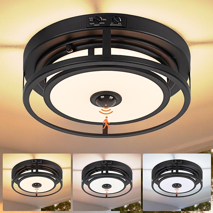 12IN LED Motion Sensor Outdoor Ceiling Light, Flush Mount Ceiling Light Fixtures, 3CCT 3000-5000K Dusk to Dawn Ceiling Porch Light Motion Sensor Outdoor Lights Waterproof for Porch Entryway Garage
