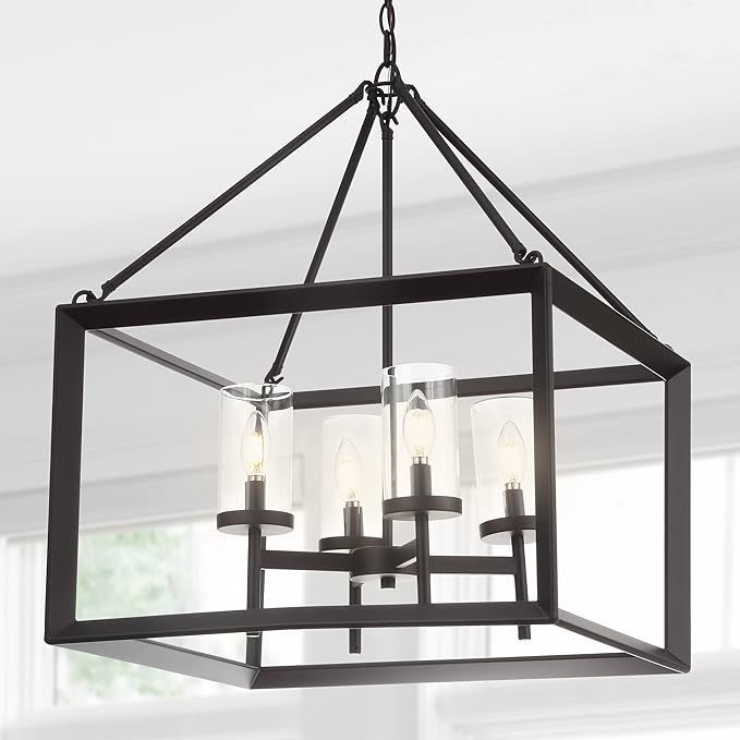 JONATHAN Y 21" Oil Rubbed Bronze/Clear 4-Light Lantern Pendant, LED Ceiling Light for Foyer Kitchen Island Entryway, Traditional Metal Fixture with Clear Glass Shade, ETL Listed (JYL7413A)