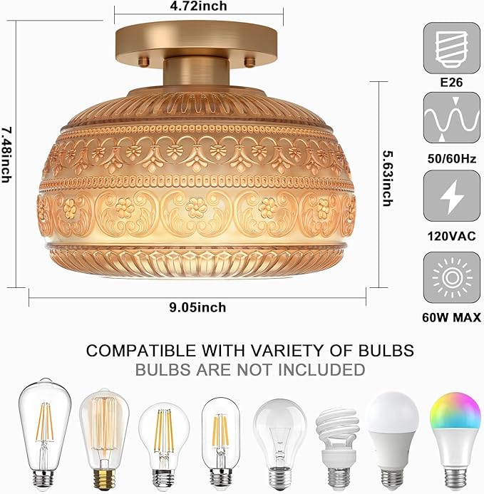 Semi Flush Mount Ceiling Light, Upgraded Modern Close to Ceiling Light Fixture with Amber Glass,Gold Indoor Kitchen Lighting for Porch Corridor Hallway Bedroom, Bulb Not Included
