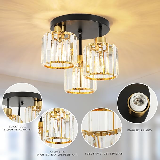 Semi Flush Mount Ceiling Light 3-Light Black Flush Mount Ceiling Light Fixture with K9 Crystal Shades, Industrial Kitchen Ceiling Light for Hallway Entryway Bedroom, E26 Socket