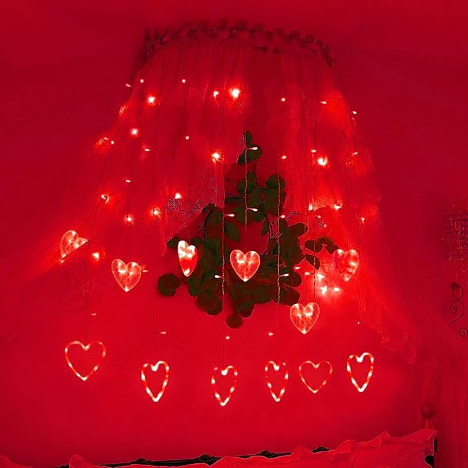 Efunly Valentines Day Decor Lights,138 LED 12-Heart-Shaped String Lights Waterproof,8 Modes Connetable 29V Plug in Curtain Lights for Kids Bedroom Wedding Party Valentines Day Decoration (Red)