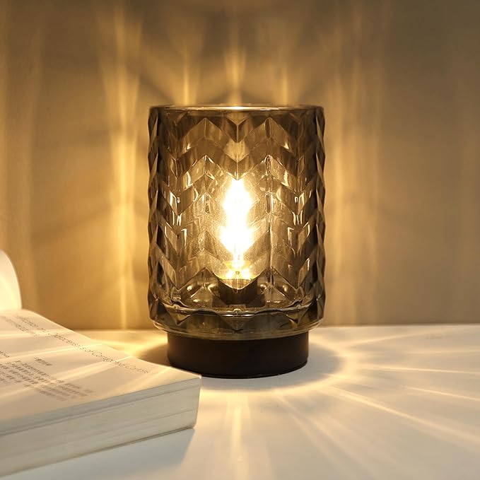 LUSHARBOR Battery Operated Lamp with Timer, Small Table Lamp for Office Desk Decor, Glass Cordless Lamp Bedside Cozy Light for Living Room Aesthetic, Entryway Wave Design-Grey