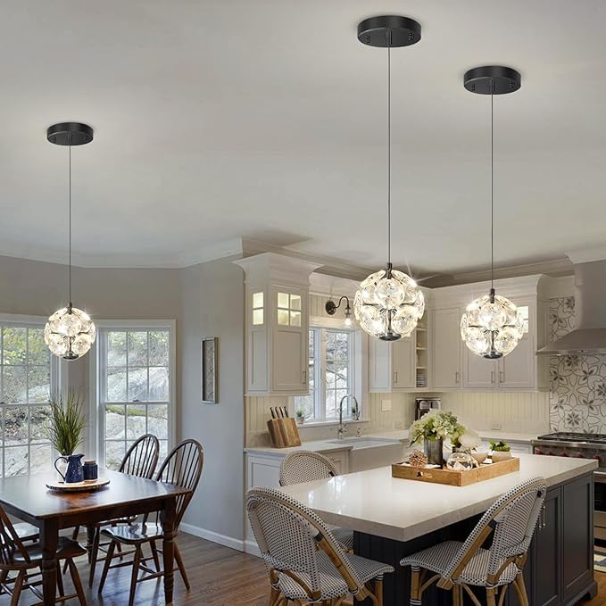 ykolupty Pendant Lights Kitchen Island Crystal Globe Chandelier LED Black Island Light Crystal Pendant Light for Dining Foyer Entrance