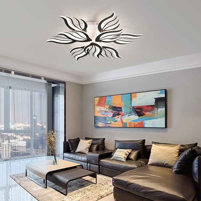 Becailyer 9-Petals Modren LED Ceiling Lights, 75W Dimmable Flower Shape Ceiling Lamp with Remote Control, 33.4" Flush Mount Ceiling Lighting Fixtures for Living Room Dining Room Bedroom Office, Black