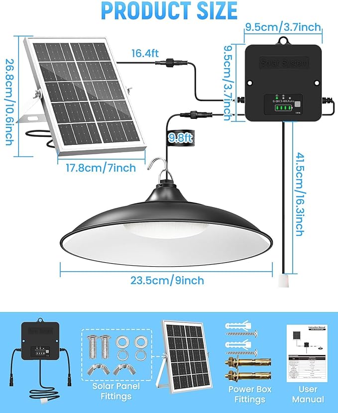 Solar Shed Light Indoor Outdoor, 2000LM Hanging Pendant Light, Battery Display,Pull String Switch,Split Panel Fast Charge,Waterproof for Barn, Gazebo, Chicken Coops, Shop