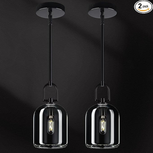 Modern Black Pendant Lights Kitchen Island Ceiling Chandelier Indoor Thick Crystal Hanging Light Fixtures for Kitchen Living Room Dining Room Bedroom（2Pack）