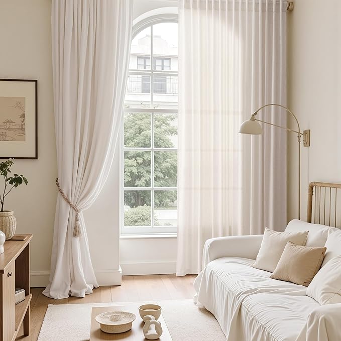 Ivory White Linen Curtains 102 Inches Long for Living Room 2 Panels Back Tab Pocket Natural Semi Sheer Extra Long Drapes Linen Soft Material Light Filtering Window Panel for Bedroom Curtain 52X102