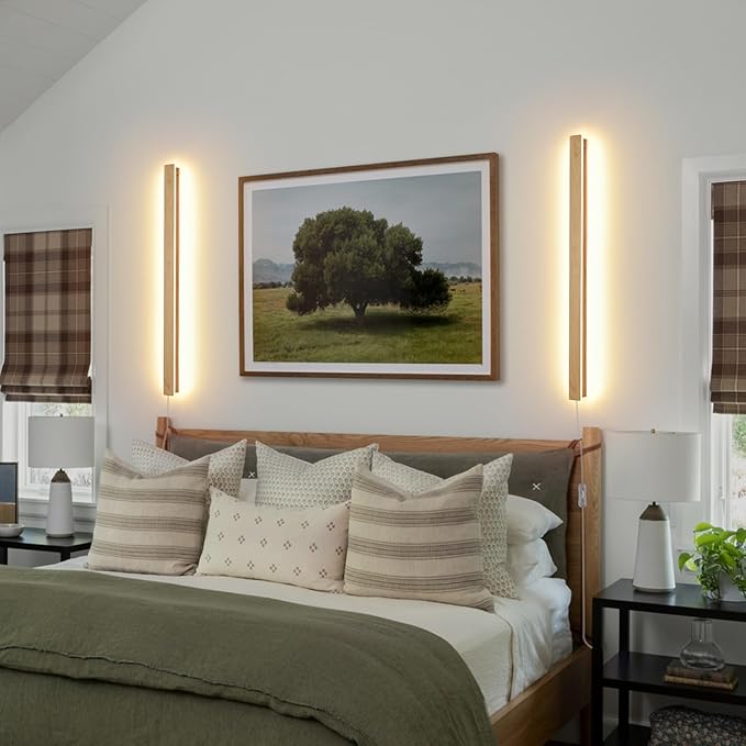 Modern Plug in Long Wall Sconce, 31.4 inch Faux Wood Texture Finish LED Wall Lights, 16W Warm White 3000K Acrylic Indoor Wall lamp, with 59" Plug Cable for Bedroom, Living Room, Hallway