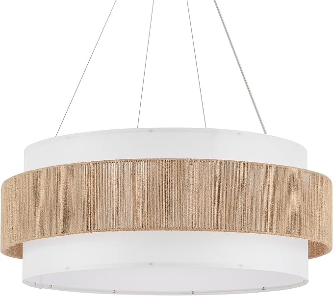 30” Fabric Rattan Chandelier Boho Hand Woven Coastal Pendant Light Adjustable Drum Large Pendant Lighting Fixtures for Dining Room Living Room Kitchen Hallway, Off-White, UL Listed