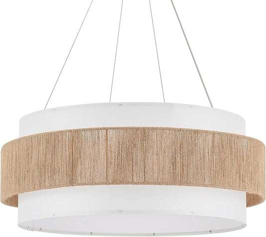 30” Fabric Rattan Chandelier Boho Hand Woven Coastal Pendant Light Adjustable Drum Large Pendant Lighting Fixtures for Dining Room Living Room Kitchen Hallway, Off-White, UL Listed