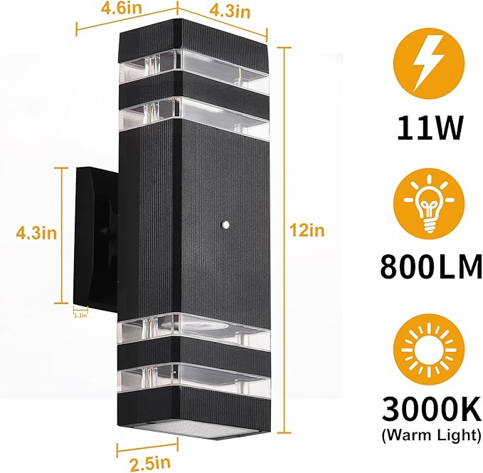 DASTOR Dusk to Dawn Outdoor Wall Light, 3000K Warm White Up and Down Light Outdoor Wall Sconce, Square Aluminum Exterior Light Fixture for Porch Patio Garage