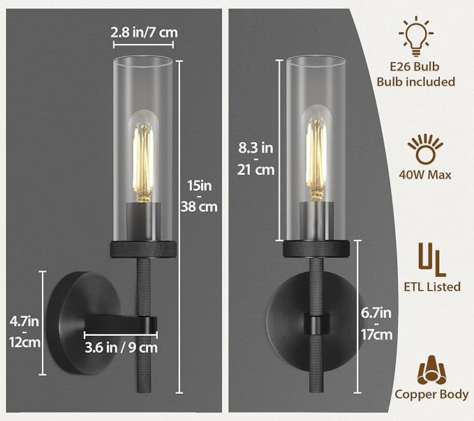 Black Wall Sconces Bathroom Vanity Wall Sconce, Glass Tube Wall Sconces 14", Sconces Wall Lighting Indoor, Wall Lights for Mirror, Living Room, Bedroom, Hallway (Including Bulb)