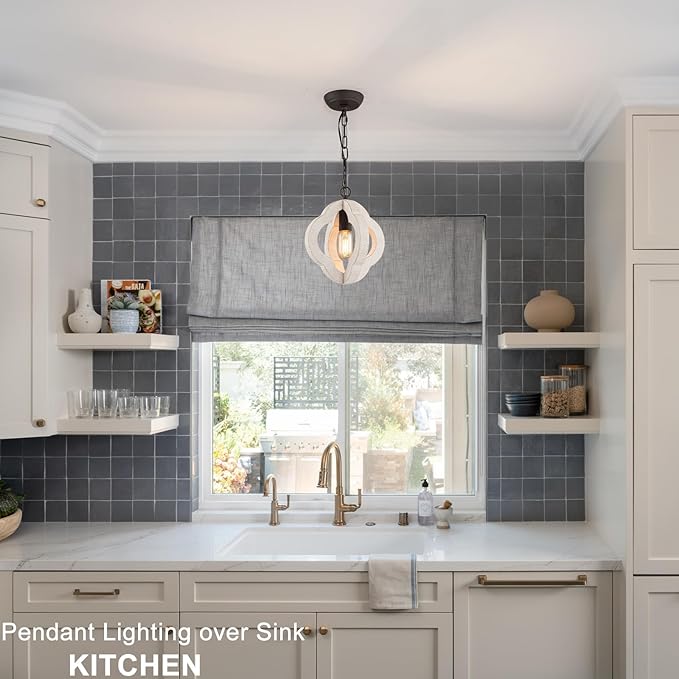 9.84" Modern Farmhouse Wood Pendant Lights Kitchen Island Small Orb Distressed White Oak Pendant Light Rustic Ceiling Hanging Light for Kitchen Over Sink Hallway Entryway Foyer Adjustable Chain E26