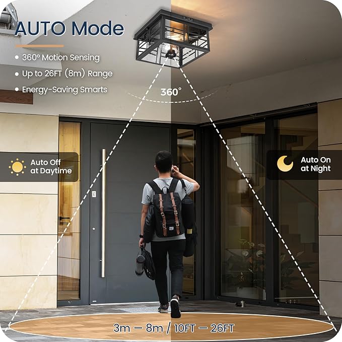 Infrared Sensor Outdoor Ceiling Light, Flush Mount Motion Sensor Ceiling Light, 2-Light Black with Bubble Glass, Bulbs Not Included, 4 Modes, for Porch, Garage, Hallway, Patio,BQ08XD05W1
