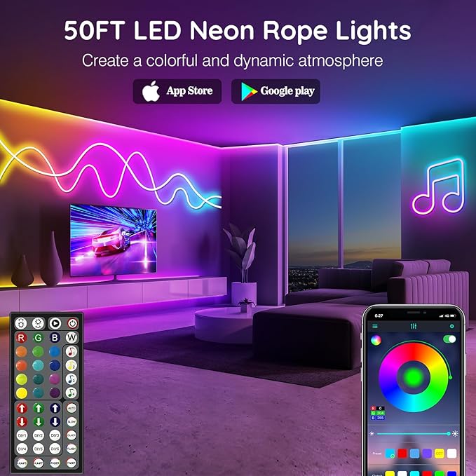 LETIANPAI Neon Rope Lights,Flexible Led Rope Lights Control with App/Remote,Multiple Modes Rope Lights,IP65 Outdoor RGB Led Neon Lights Waterproof,Music Sync Gaming Led Light Strip (50FT)
