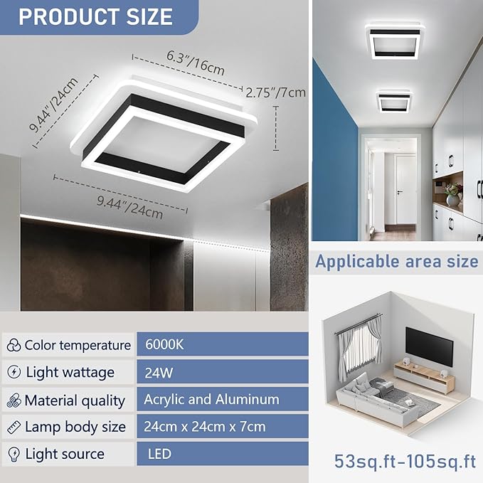 CANEOE 2 Packs Square Flush Mount Ceiling Light, 6000K Black Modern LED Ceiling Light Fixture, Minimalist Hallway Lighting Fixture Ceiling Lamp for Hallway Entryway Bedroom Balcony