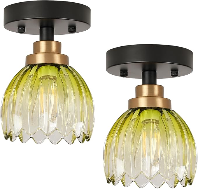 TALOYA Semi Flush Mount Ceiling Light,2 Pack Close to Ceiling Light Fixtures with Green Tulip Glass Shades Modern Farmhouse Lighting Fixtures for Hallway Corridor Kitchen Bathroom Bedroom Passway