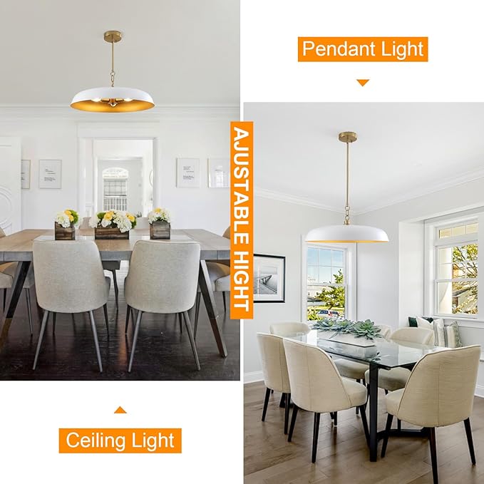 20 Inch Modern Large Pendant Lights, 3-Lights White and Gold Metal Dome Chandelier, Mid Century Pendant Lighting Fixture Ceiling Hanging Light for Kitchen Island, Dining Room Over Table, Bar