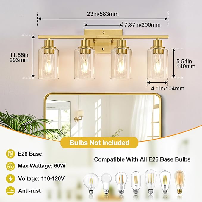 Indoi 4-Light Vanity Lights with Clear Glass Shades, Brushed Gold Bathroom Light Fixtures Over Mirror, Modern Bathroom Wall Lamp for Mirror Living Room Cabinet Bedroom Porch